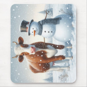 Cute cow & snowman in the winter field mouse mat
