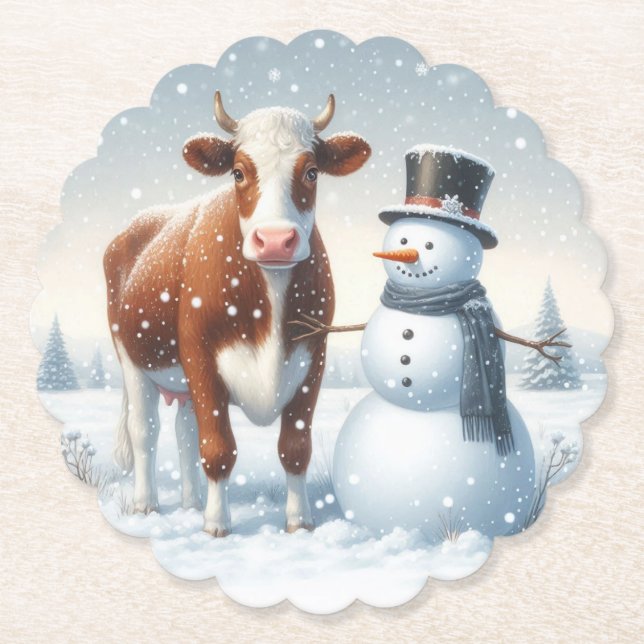 Cute cow & snowman in the winter field paper coaster (Front)