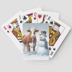 Cute cow & snowman in the winter field playing cards