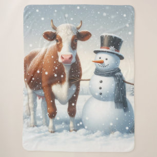 Cute cow & snowman in the winter field sherpa blanket
