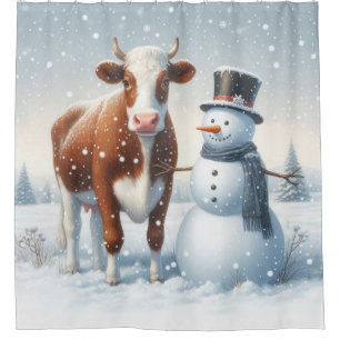 Cute cow & snowman in the winter field shower curtain