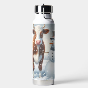 Cute cow & snowman in the winter field water bottle