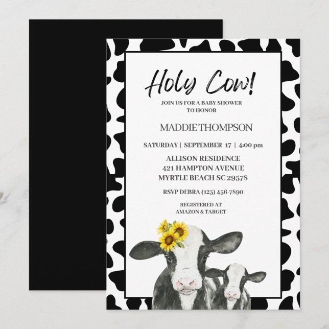 Cute Cow Sunflowers Farm Baby Shower Invitation (Front/Back)