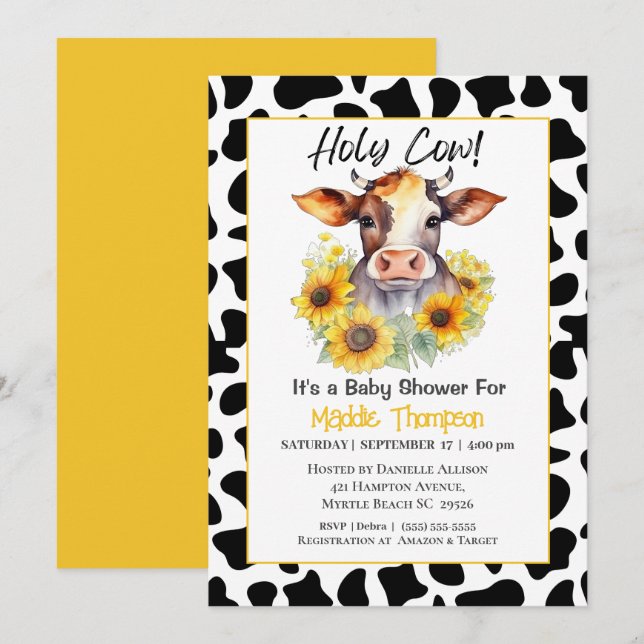 Cute Cow Sunflowers Farm Baby Shower Invitation (Front/Back)