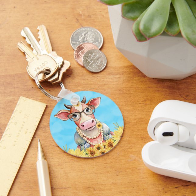 Cute Cow Sunflowers Key Ring (Desk)