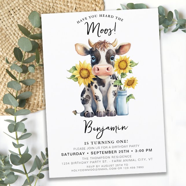 Cute Cow Sunflowers Modern Farm Animal Birthday Invitation (Creator Uploaded)