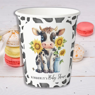 Cute Cow Sunflowers Modern Simple Farm Baby Shower Paper Cups