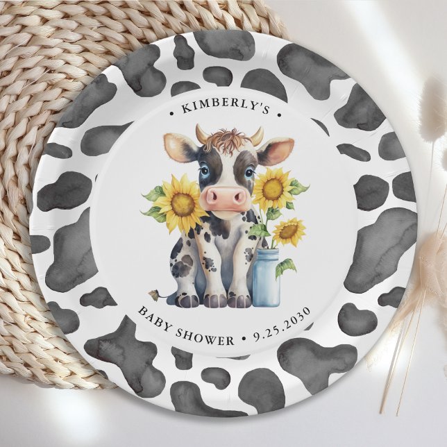 Cute Cow Sunflowers Modern Simple Farm Baby Shower Paper Plate (Creator Uploaded)