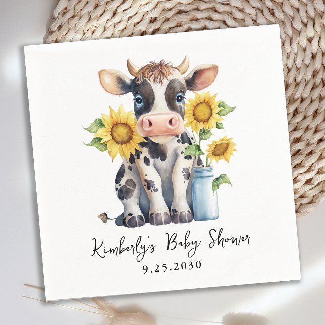Cute Cow Sunflowers Simple Modern Farm Baby Shower Napkin (Creator Uploaded)
