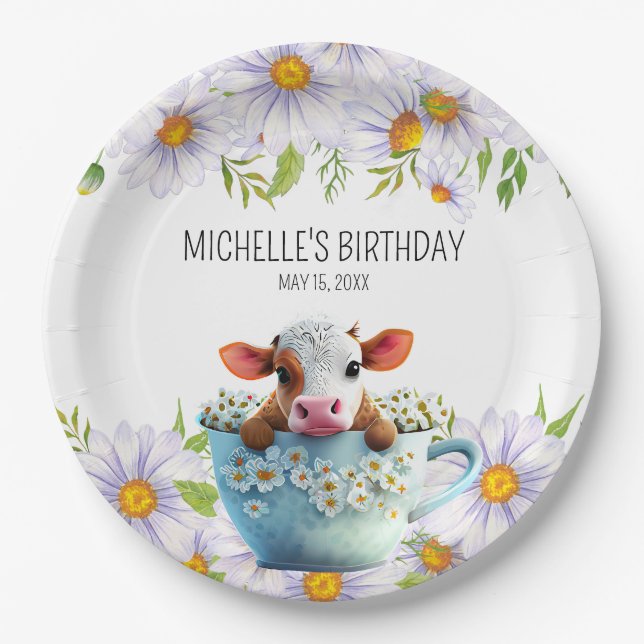 Cute Cow Teacup Daisies Birthday Paper Plate (Front)