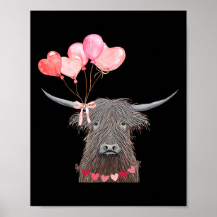 Cute Cow Valentine's Day Design With Heart Balloon Poster