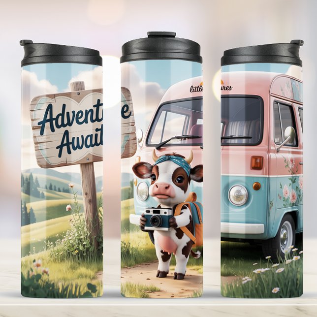Cute Cow Vintage Adventure Tumbler (Let the Adventure Begin! Perfect for Travel or celebrating the adventure of parenthood!)