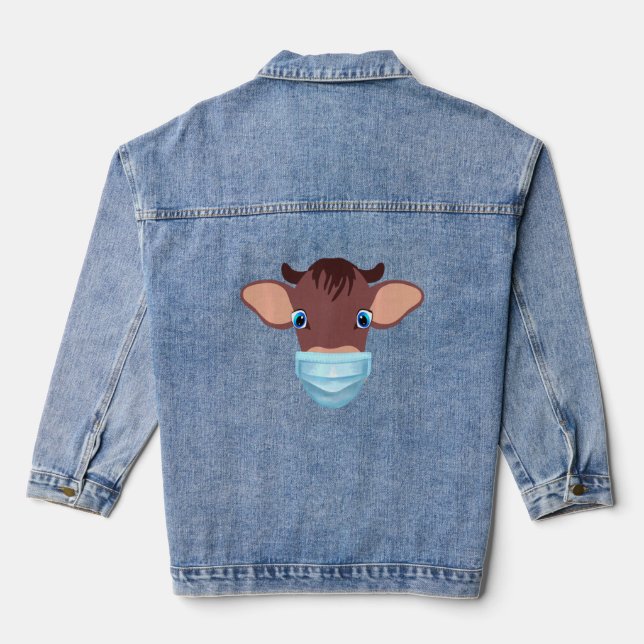 Cute Cow Wearing Face Mask Cattle  Farm Animal  Denim Jacket (Back)