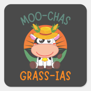 Cute Cow Wearing Yellow Hat Moo-chas Grass-ias  Square Sticker