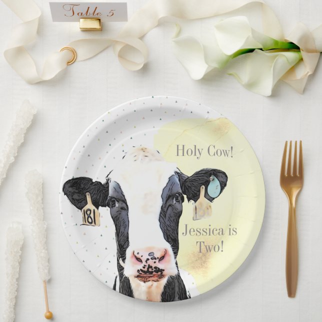 Cute Cow Wild Animal Yellow 2nd Birthday Party Paper Plate (Wedding)
