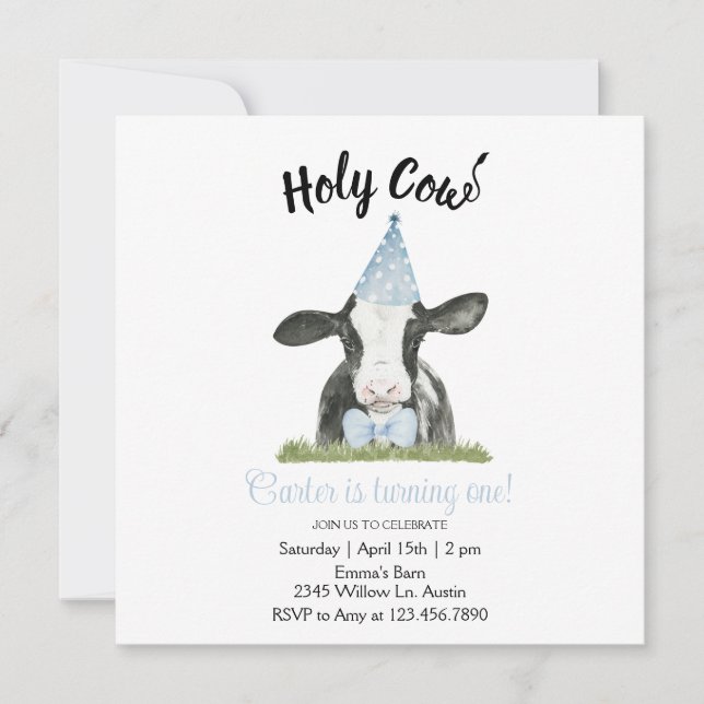 Cute cow with Blue Party hat & Bow Tie invitation  (Front)