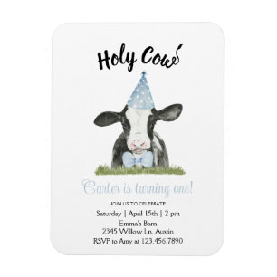 Cute cow with Blue Party hat & Bow Tie invitation Magnet