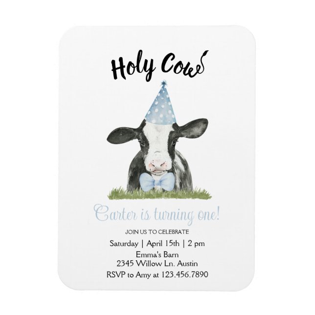 Cute cow with Blue Party hat & Bow Tie invitation Magnet (Vertical)