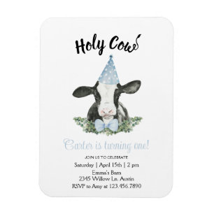 Cute cow with Blue Party hat & Bow Tie invitation Magnet