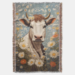 Cute Cow With Daisy Flowers Throw Blanket