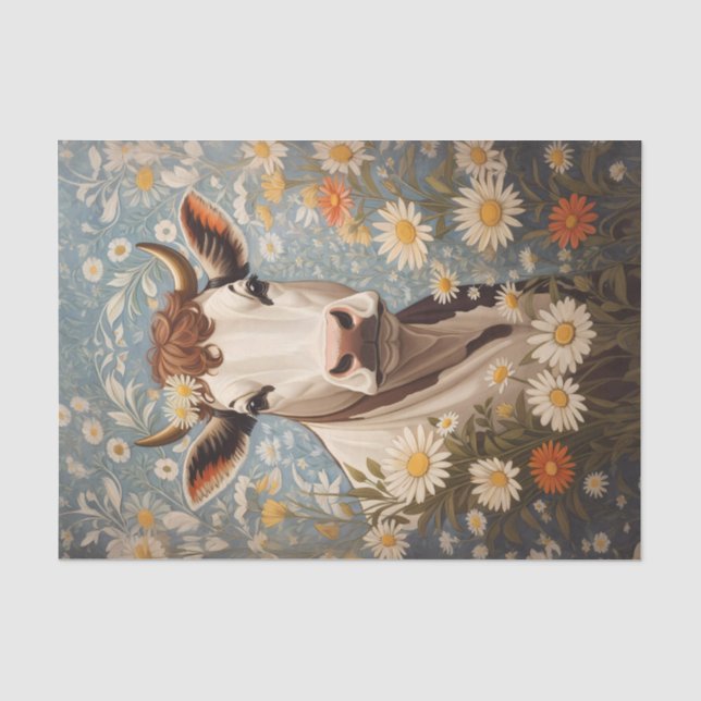 Cute Cow With Daisy Flowers Tissue Paper (Front)