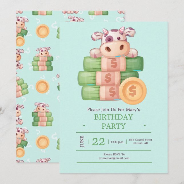 Cute Cow With Money Party Invitation (Front/Back)