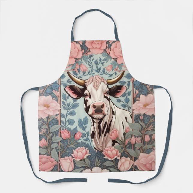 Cute Cow with Pink Floral Background Apron (Front)