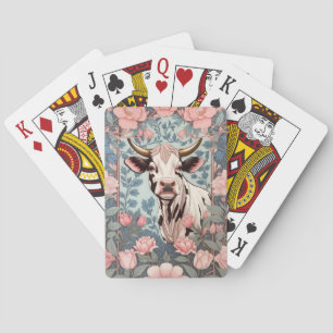 Cute Cow with Pink Floral Background Playing Cards