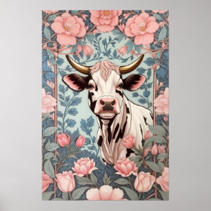 Cute Cow with Pink Floral Background Poster