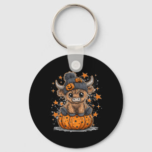 Cute Cow With Pumpkin Spooky Season Retro Hallowee Key Ring