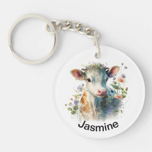 Cute cow with your name floral watercolor farm key ring