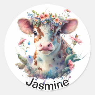 Cute cow with your name floral wreath watercolor classic round sticker