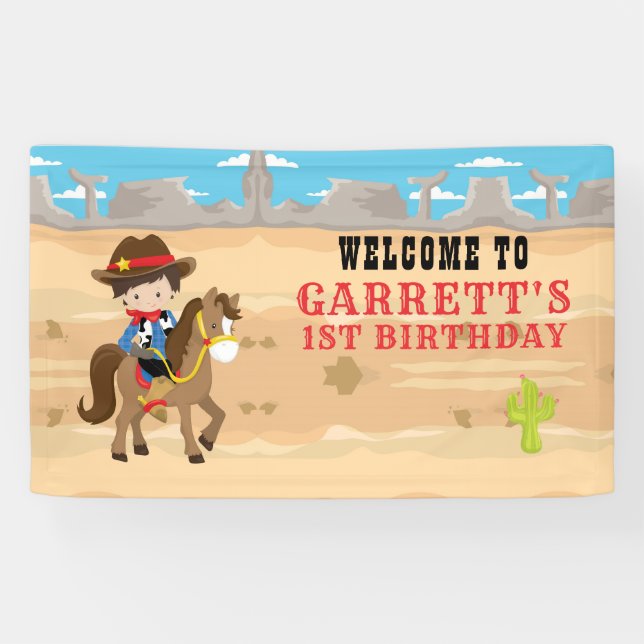 Cute Cowboy 1st Birthday Party Banner (Horizontal)