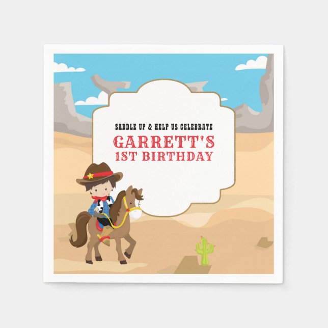 Cute Cowboy 1st Birthday Party Napkin (Front)