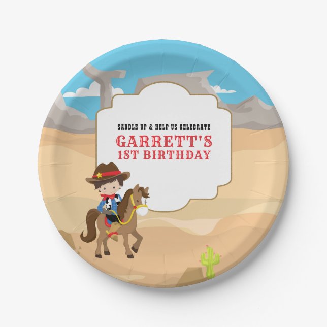 Cute Cowboy 1st Birthday Party Paper Plate (Front)