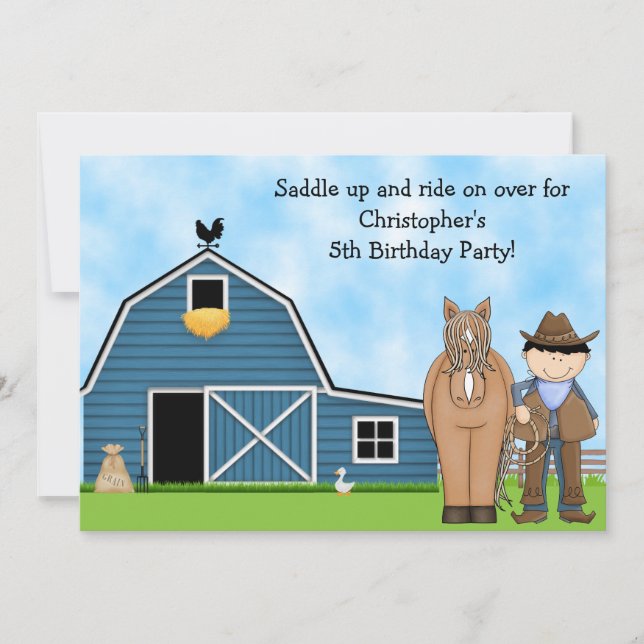 Cute Cowboy and Horse Boys Birthday Invitation (Front)