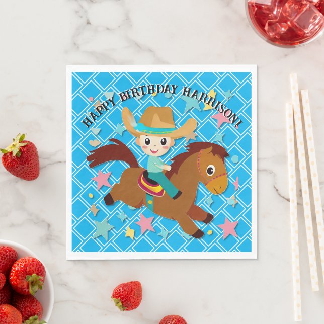 Cute Cowboy and Horse Western Birthday Napkin (Insitu)
