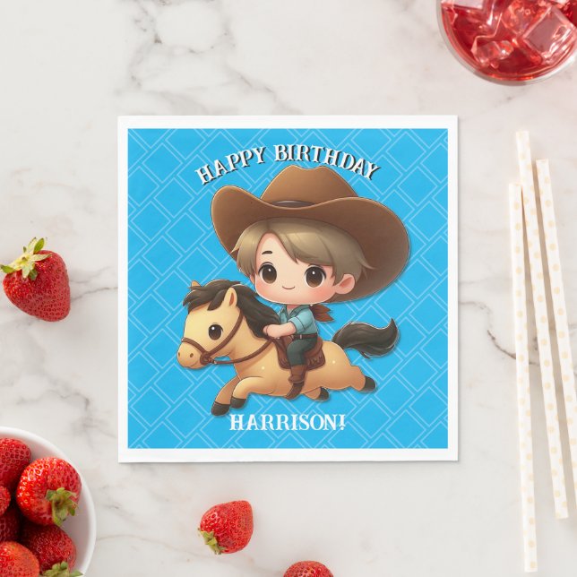 Cute Cowboy and Horse Western Birthday Napkin (Insitu)