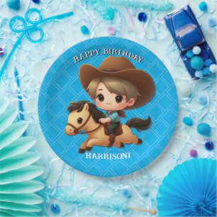 Cute Cowboy and Horse Western Birthday Paper Plate