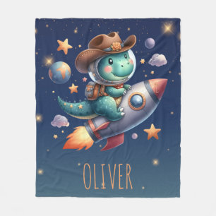 Cute Cowboy Astronaut Dinosaur Riding Space Rocket Fleece Blanket
