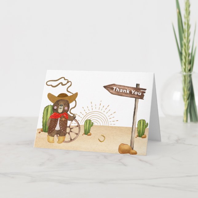 Cute Cowboy Bear Western Rodeo Cactus Baby Shower  Thank You Card (Front)