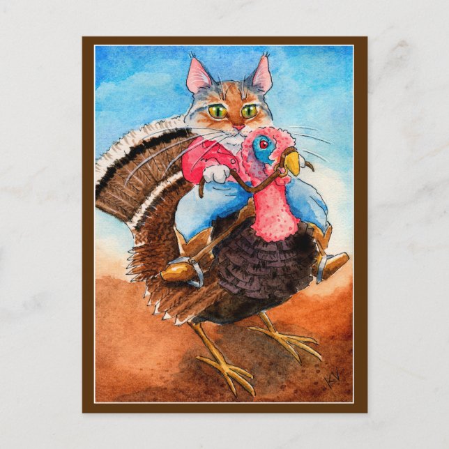 Cute cowboy cat riding turkey postcard (Front)