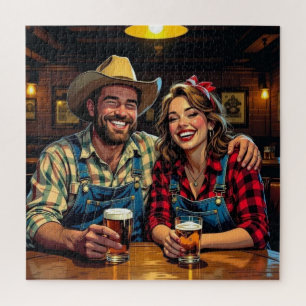 Cute Cowboy Country and Western Bar Couple Jigsaw Puzzle