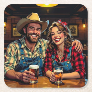 Cute Cowboy Country and Western Bar Couple Square Paper Coaster