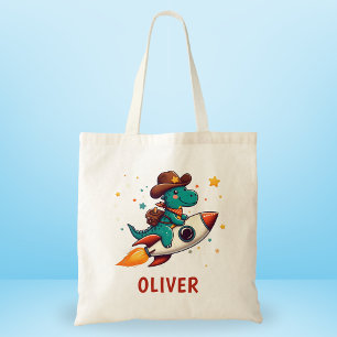 Cute Cowboy Dinosaur Riding Space Rocket Tote Bag