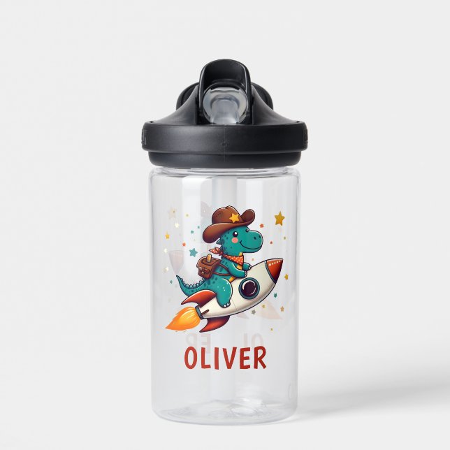 Cute Cowboy Dinosaur Riding Space Rocket Water Bottle (Front)