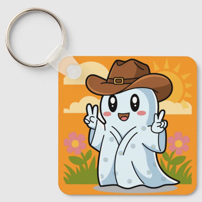 Cute Cowboy Ghost for Halloween Fun Decoration Key Ring (Front)