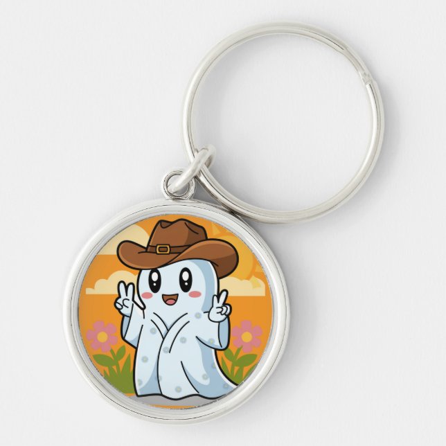 Cute Cowboy Ghost for Halloween Fun Decoration Key Ring (Front)