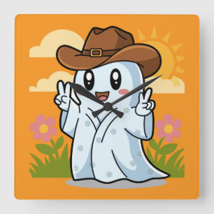 Cute Cowboy Ghost for Halloween Fun Decoration Square Wall Clock