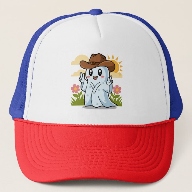 Cute Cowboy Ghost for Halloween Fun Decoration Trucker Hat (Front)